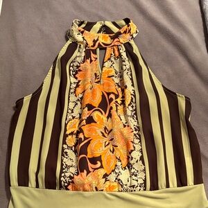 Striped Floral Halter Blouse - Brown and Orange